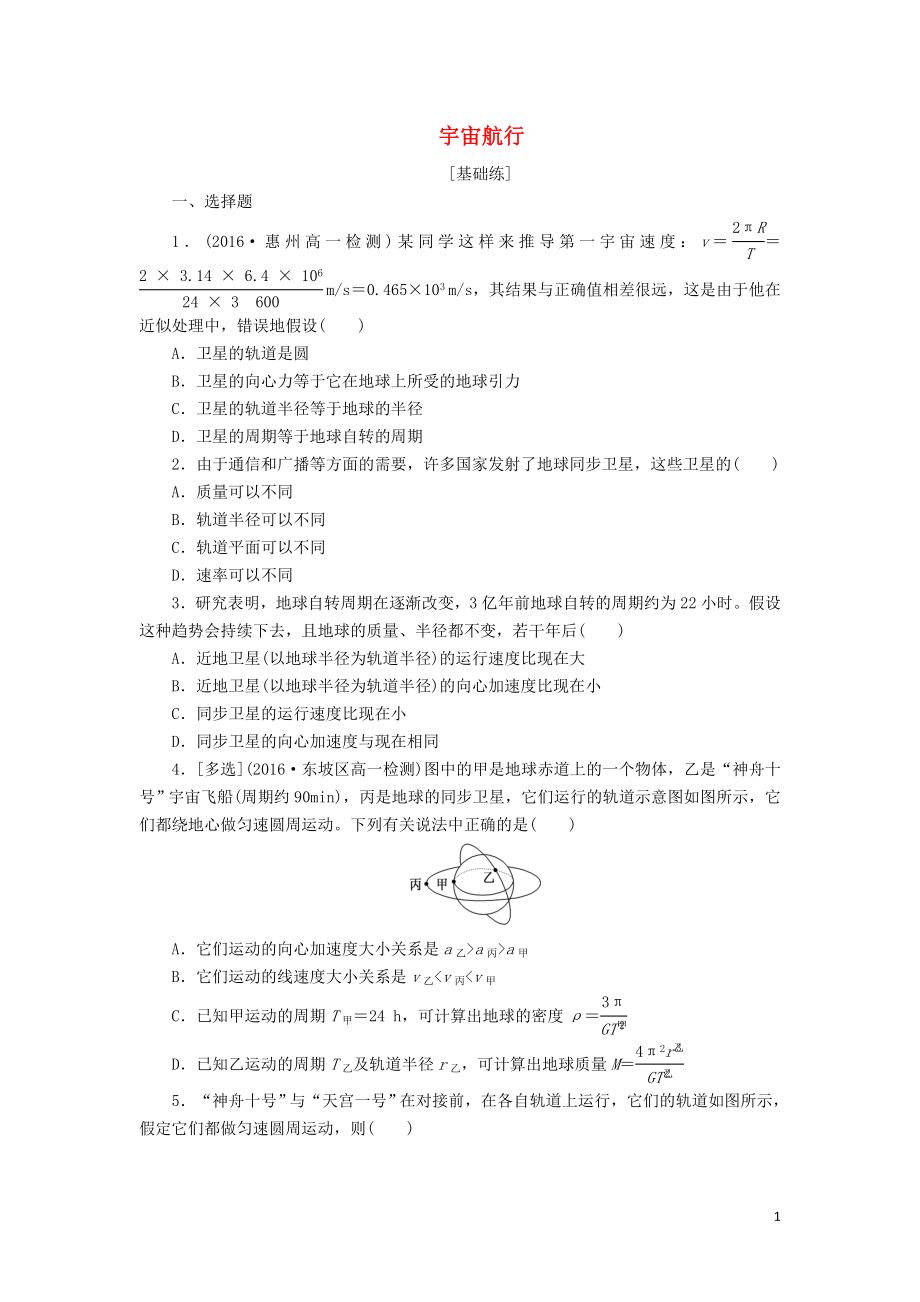 2019年高中物理 課下能力提升十一 第六章 第5節(jié) 宇宙航行（含解析）新人教版必修2_第1頁