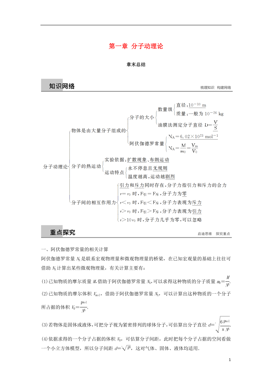 2018-2019版高中物理 第一章 分子動理論章末總結學案 教科版選修3-3_第1頁