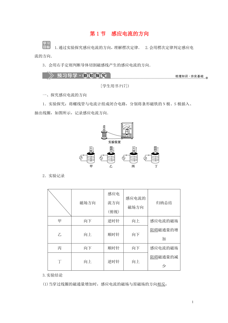 2019-2020學(xué)年高中物理 第2章 楞次定律和自感現(xiàn)象 第1節(jié) 感應(yīng)電流的方向?qū)W案 魯科版選修3-2_第1頁