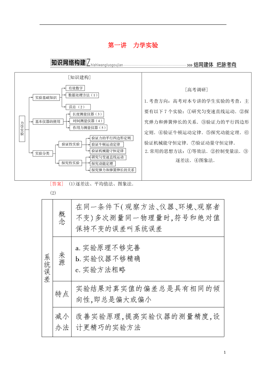 2018屆高考物理二輪復習 板塊一 專題突破復習 專題六 物理實驗 第一講 力學實驗學案_第1頁