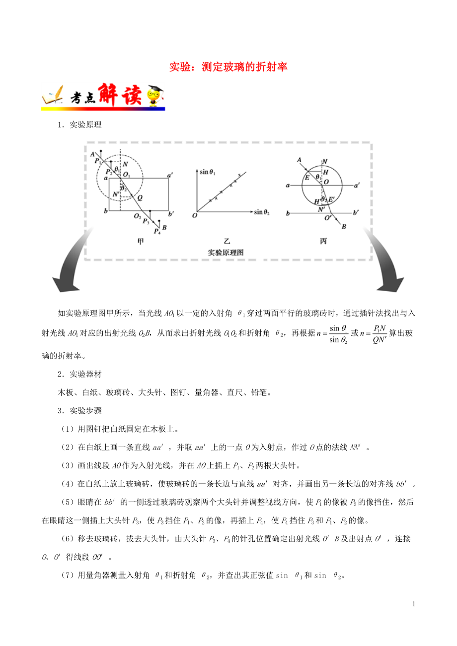 備戰(zhàn)2019年高考物理 考點一遍過 考點68 實驗：測定玻璃的折射率（含解析）_第1頁