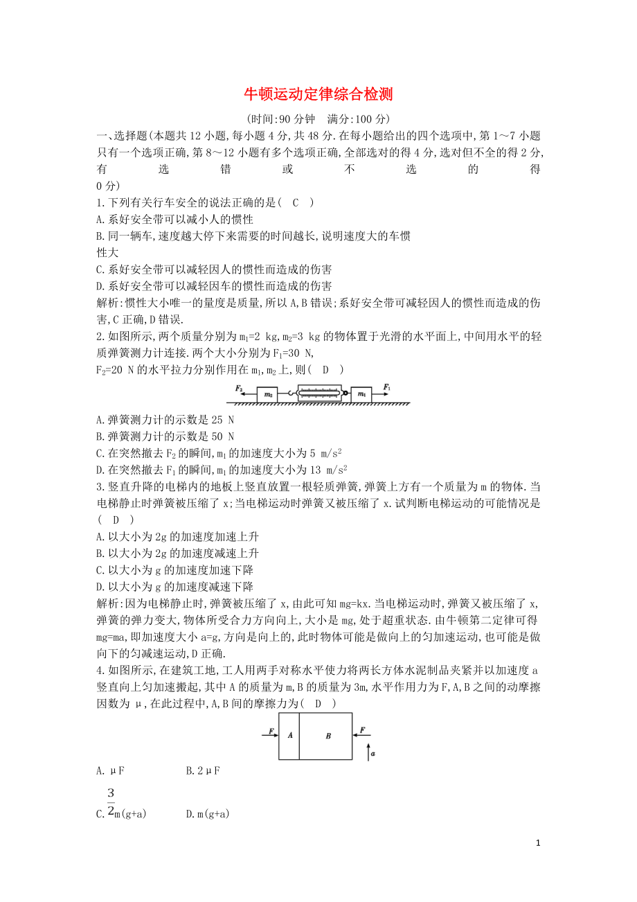 （山東專用）2020版高考物理一輪復(fù)習 第三章 牛頓運動定律綜合檢測（含解析）新人教版_第1頁