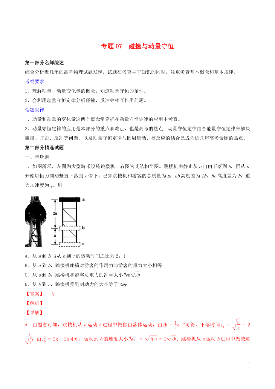 2019年高考物理備考 優(yōu)生百日闖關(guān)系列 專題07 碰撞與動量守恒（含解析）_第1頁