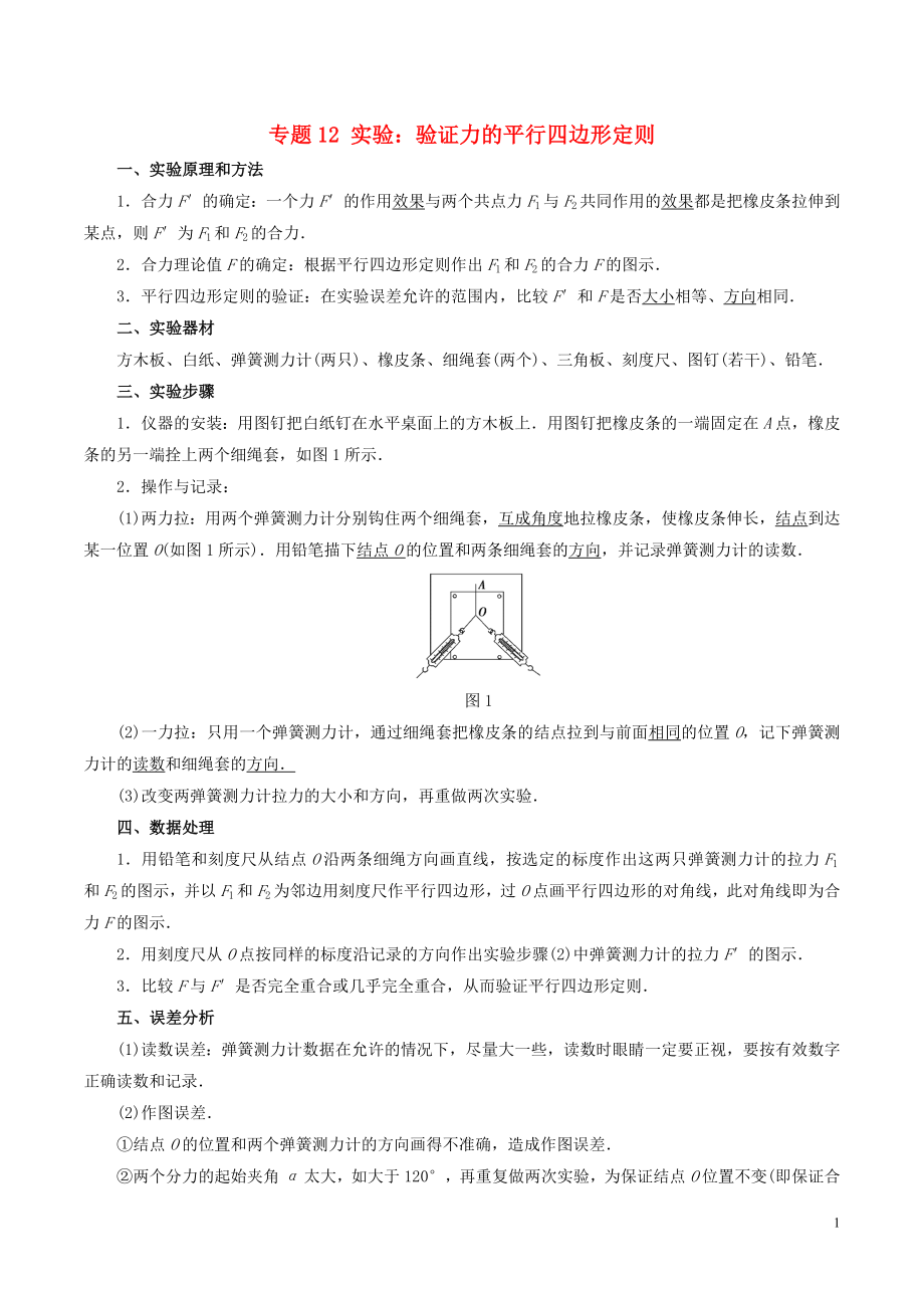 2018-2019学年高中物理同步重难讲练之相互作用 专题12 实验：验证力的平行四边形定则学案 新人教版必修1_第1页