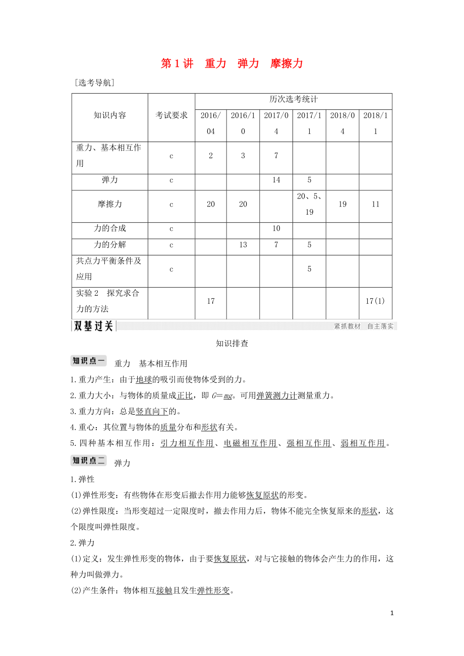 （浙江選考）2020版高考物理一輪復(fù)習(xí) 第2章 相互作用 第1講 重力 彈力 摩擦力學(xué)案_第1頁