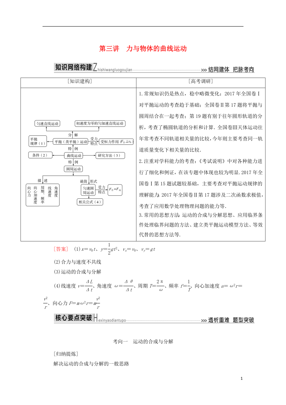 2018屆高考物理二輪復(fù)習(xí) 板塊一 專題突破復(fù)習(xí) 專題一 力與運動 第三講 力與物體的曲線運動學(xué)案_第1頁