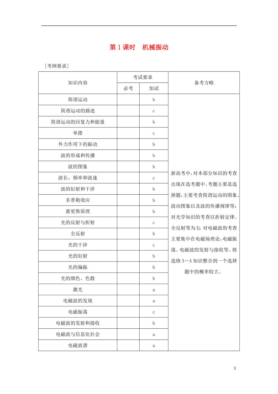 （浙江專版）2019版高考物理大一輪復(fù)習 第十一章 機械振動 機械波 光 電磁波 第1課時 機械振動學案_第1頁