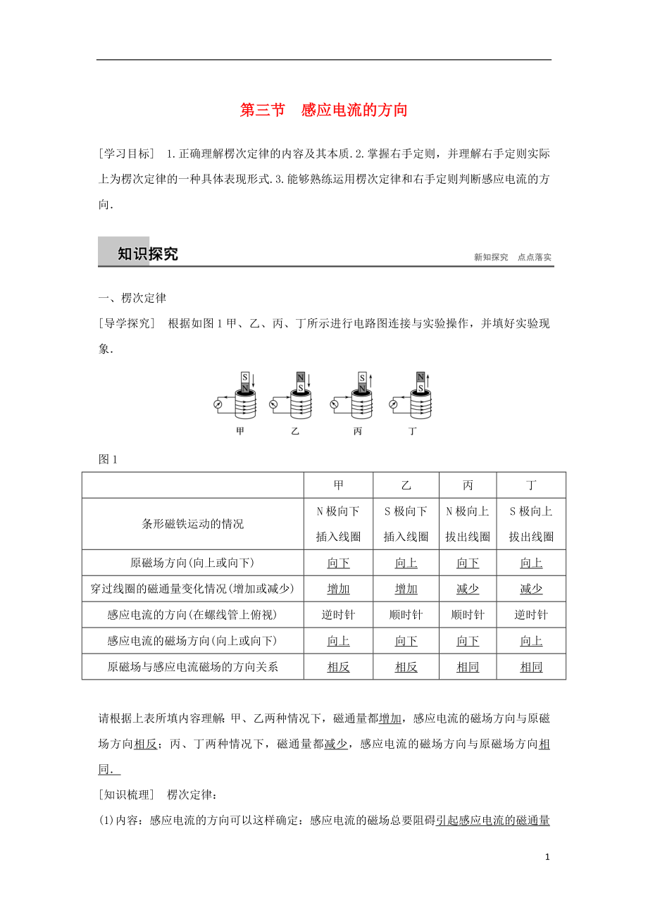 2017-2018高中物理 第一章 電磁感應 第三節(jié) 感應電流的方向?qū)W案 粵教版選修3-2_第1頁