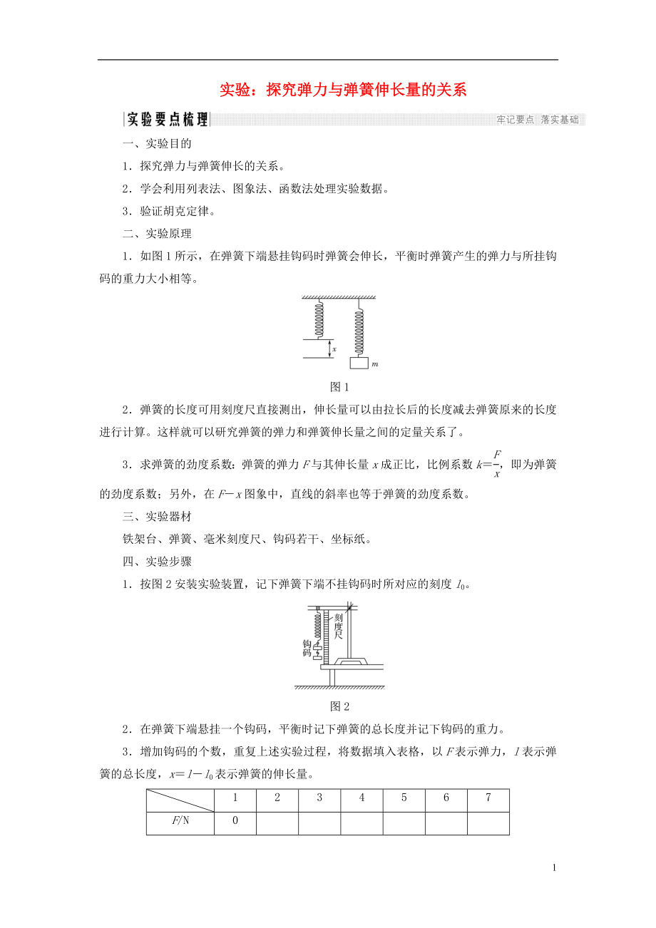 2017-2018學(xué)年高中物理 第三章 相互作用 實(shí)驗(yàn)：探究彈力與彈簧伸長(zhǎng)量的關(guān)系學(xué)案 新人教版必修1_第1頁