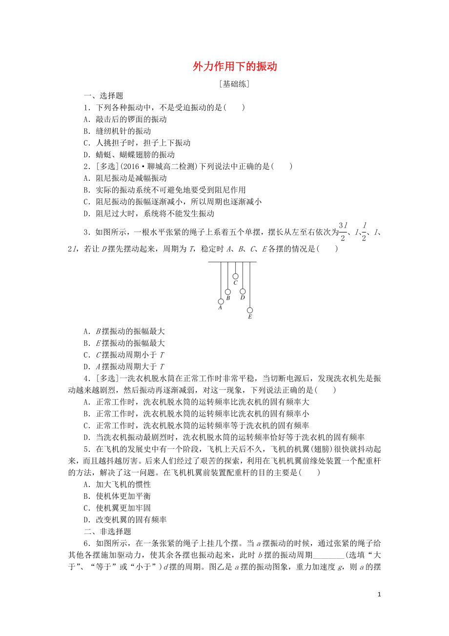 2019高中物理 課下能力提升六 第十一章 第5節(jié) 外力作用下的振動（含解析）新人教版選修3-4_第1頁