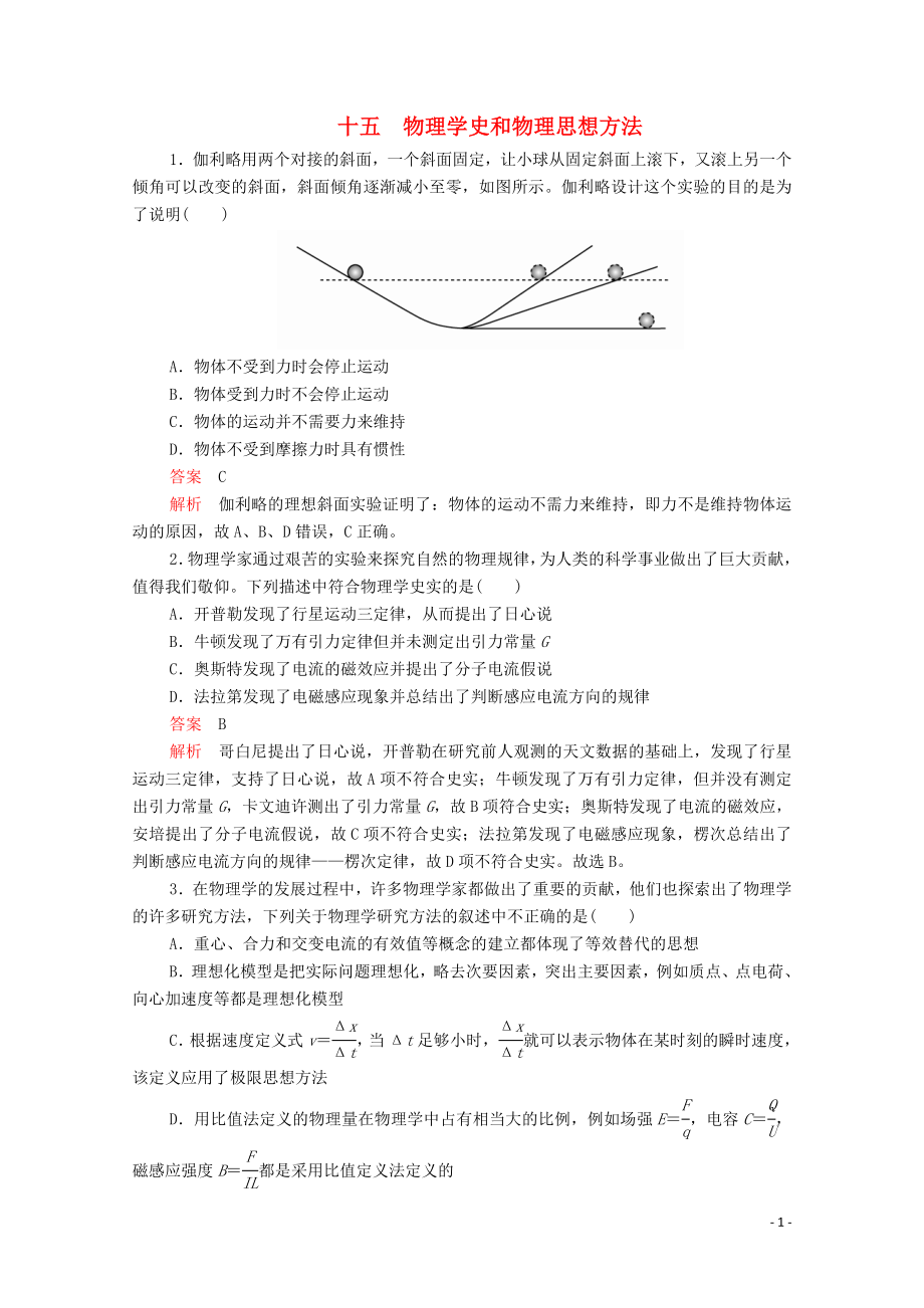 2020屆高考物理二輪復(fù)習(xí) 專題沖刺 考前基礎(chǔ)回扣練十五 物理學(xué)史和物理思想方法（含解析）_第1頁