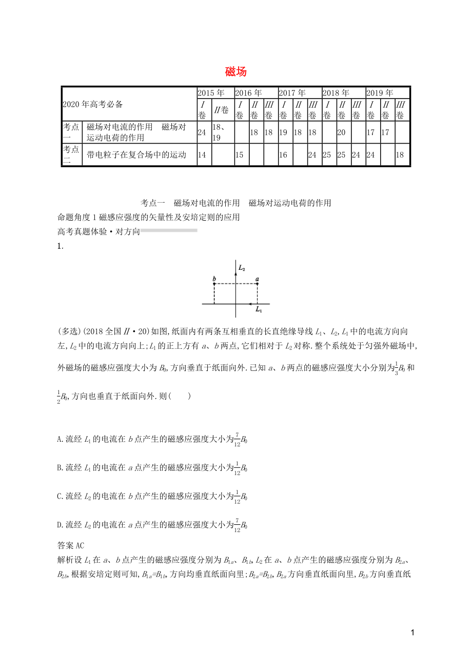 2020高考物理二輪復(fù)習(xí) 專題八 磁場(chǎng)對(duì)對(duì)練（含解析）_第1頁