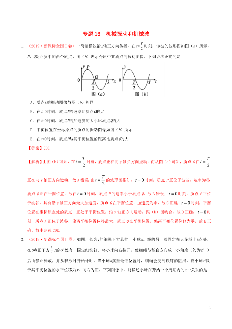 三年高考（2017-2019）高考物理真題分項匯編 專題16 機械振動和機械波（含解析）_第1頁