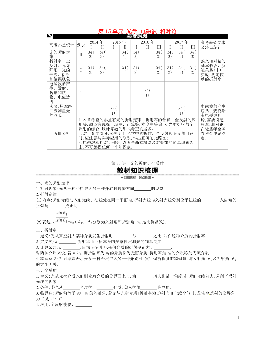 （江蘇專用）2019版高考物理大一輪復(fù)習(xí) 第15單元 光學(xué) 電磁波 相對(duì)論學(xué)案_第1頁(yè)