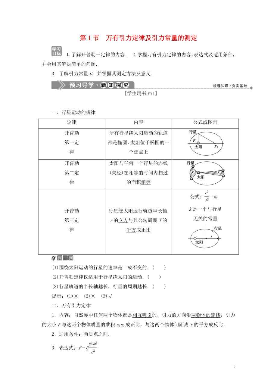 2019-2020学年高中物理 第5章 万有引力定律及其应用 第1节 万有引力定律及引力常量的测定学案 鲁科版必修2_第1页