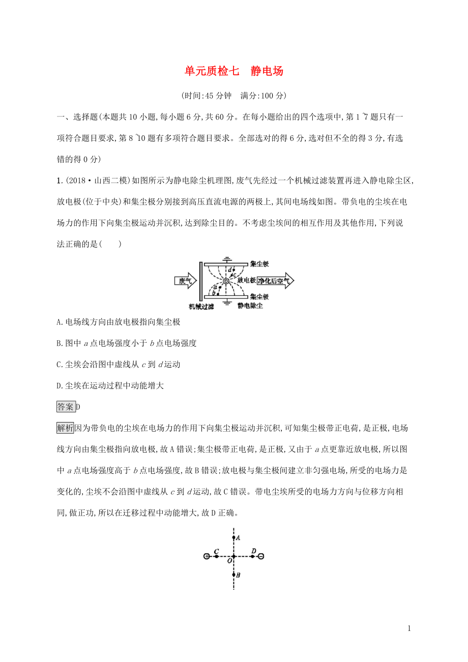 山東省2020版高考物理一輪復(fù)習(xí) 單元質(zhì)檢七 靜電場 新人教版_第1頁