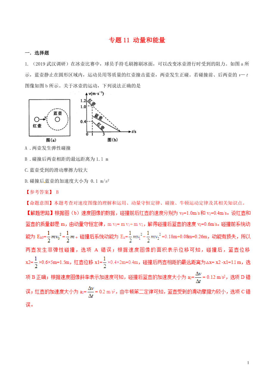 2019年高考物理 名校模拟试题分项解析40热点 专题11 动量和能量_第1页