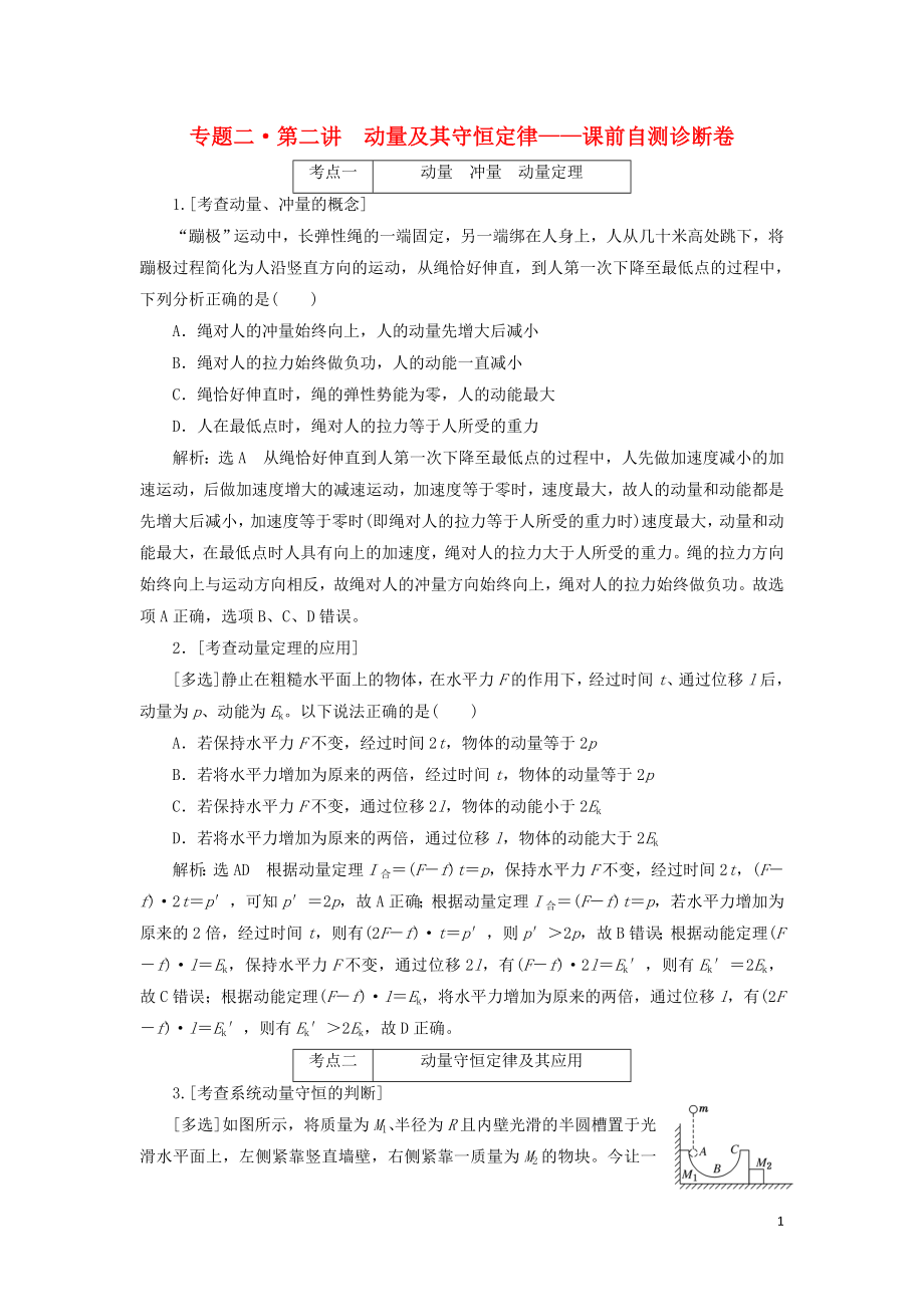 2019屆高考物理二輪復習 第一部分 專題二 能量與動量 第二講 動量及其守恒定律課前自測診斷卷_第1頁