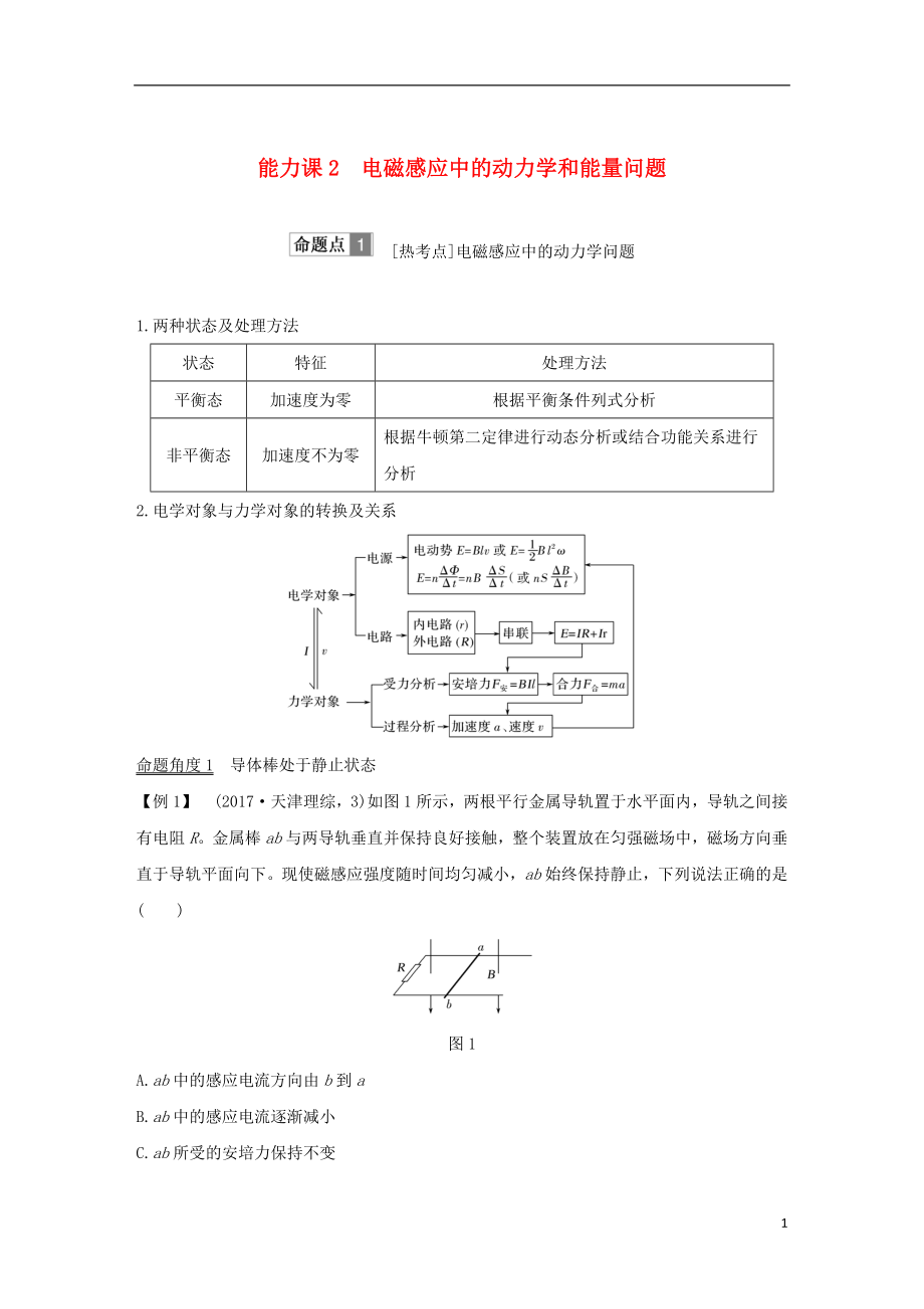 2019版高考物理總復(fù)習(xí) 第十章 電磁感應(yīng) 能力課2 電磁感應(yīng)中的動(dòng)力學(xué)和能量問(wèn)題學(xué)案_第1頁(yè)