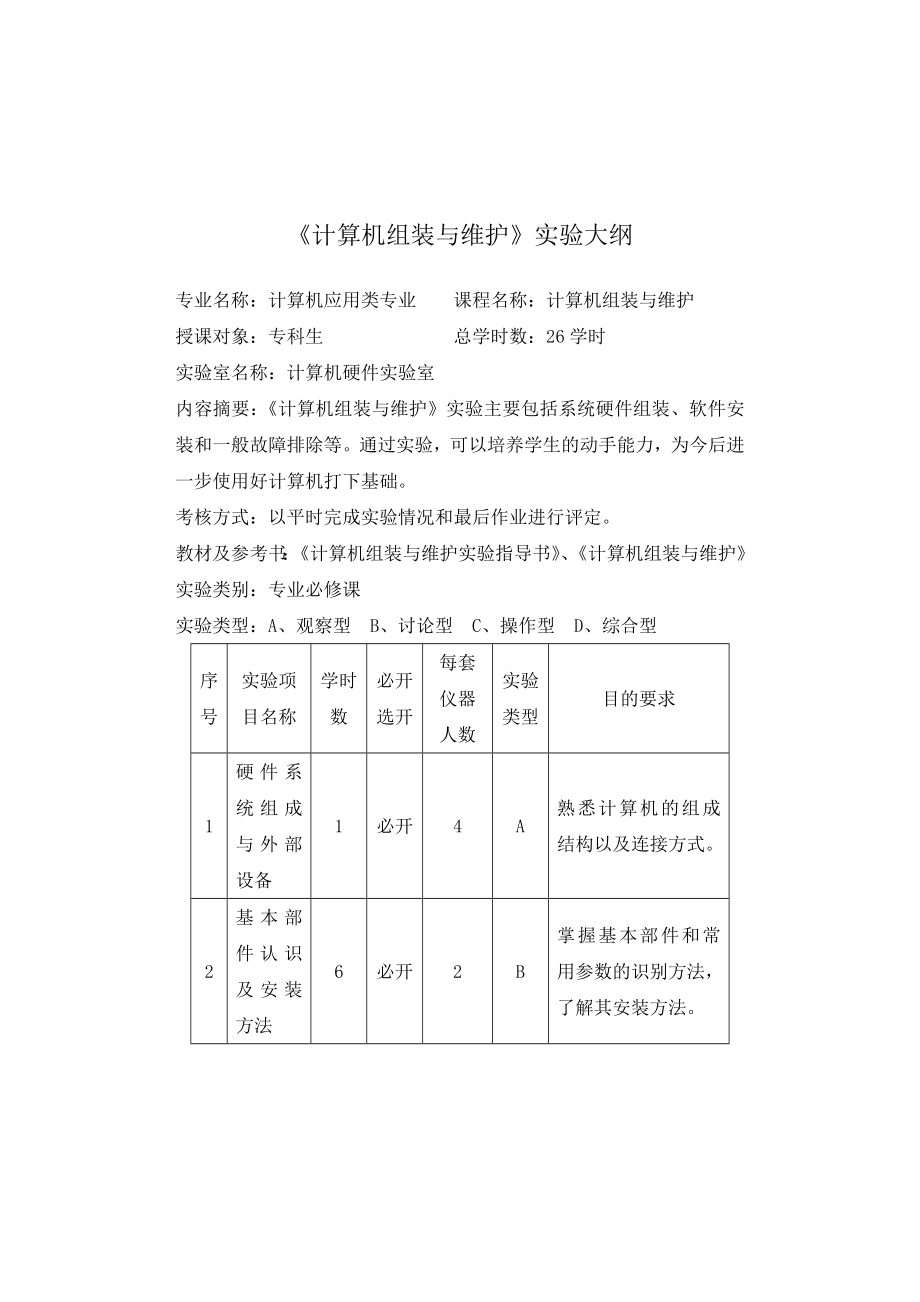 《计算机组装与维护》实验大纲_第1页