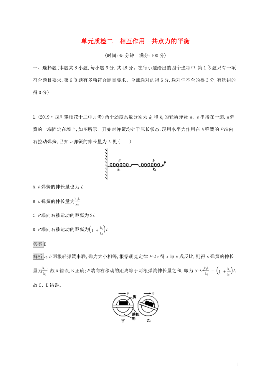 山東省2020版高考物理一輪復(fù)習(xí) 單元質(zhì)檢二 相互作用共點力的平衡 新人教版_第1頁