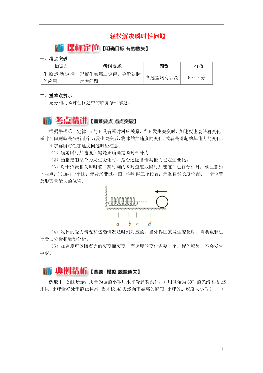 2018高中物理 牛頓定律應(yīng)用專題 5 輕松解決瞬時性問題學(xué)案 新人教版必修1_第1頁