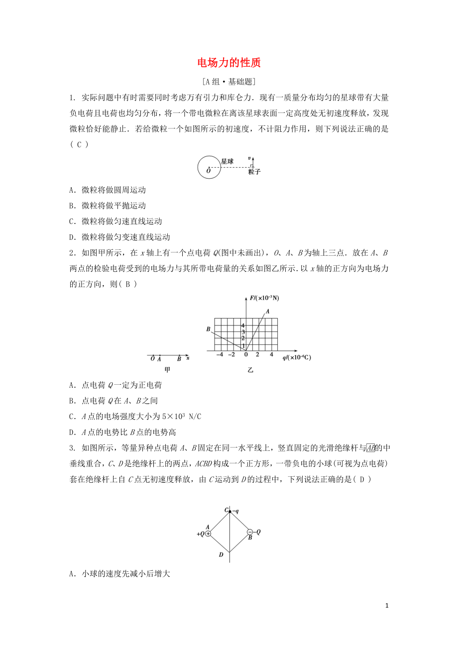 （新課標(biāo)）2020年高考物理一輪總復(fù)習(xí) 第七章 第一講 電場(chǎng)力的性質(zhì)練習(xí)（含解析）_第1頁