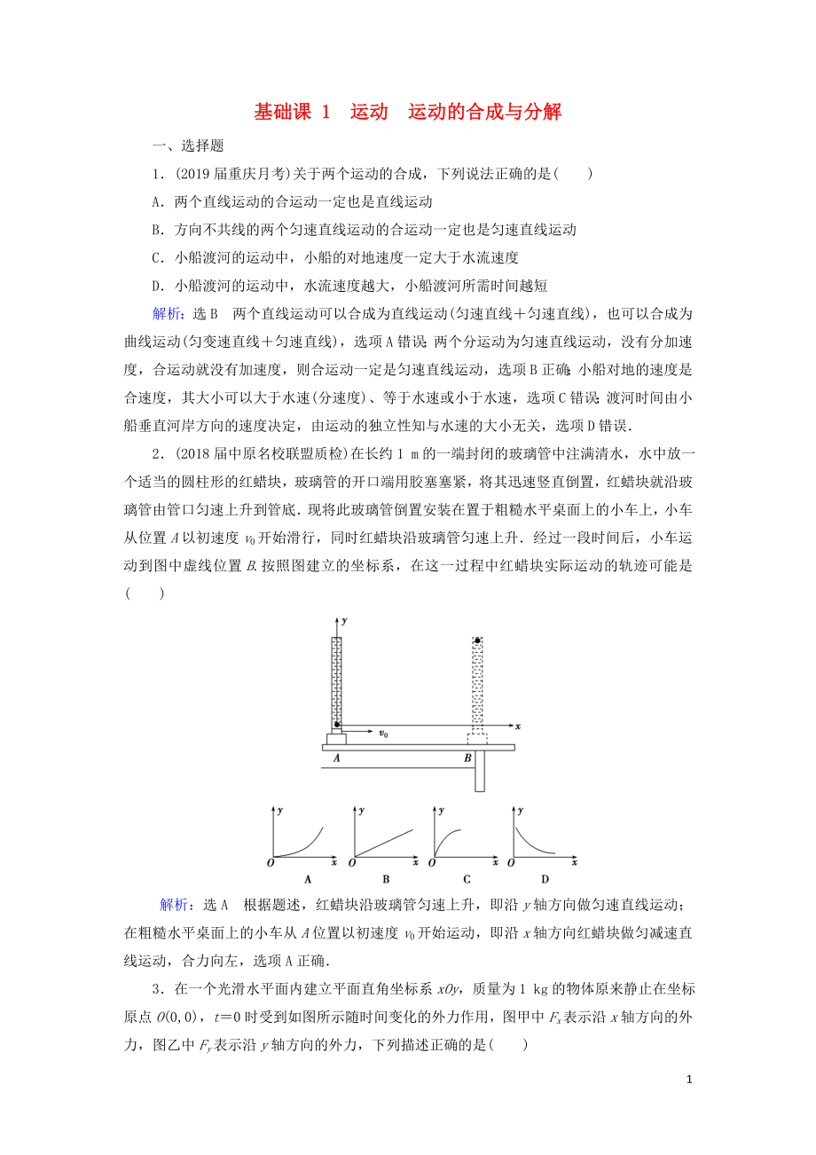 2020高考物理一輪總復(fù)習(xí) 第四章 曲線運動 萬有引力與航天 基礎(chǔ)課1 曲線運動 運動的合成與分解練習(xí)（含解析）新人教版_第1頁