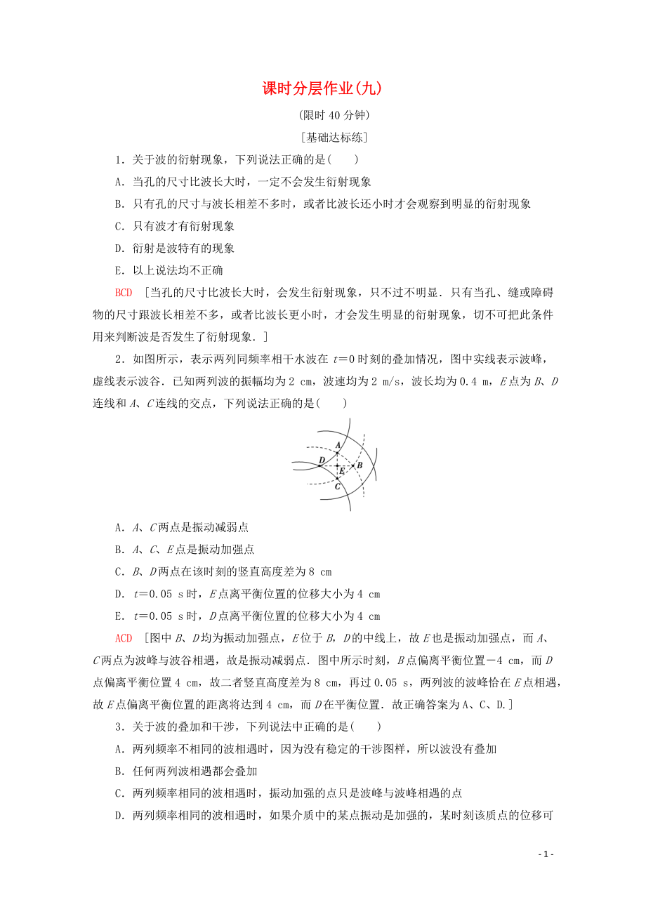 2019-2020學(xué)年高中物理 課時分層作業(yè)9 波的衍射和干涉（含解析）新人教版選修3-4_第1頁