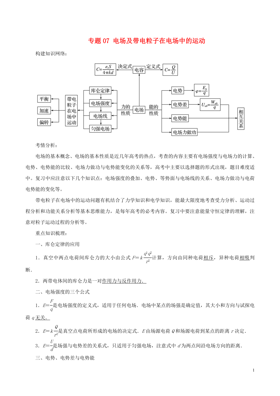 2018年高考物理二輪復(fù)習(xí) 專題07 電場及帶電粒子在電場中的運動學(xué)案_第1頁