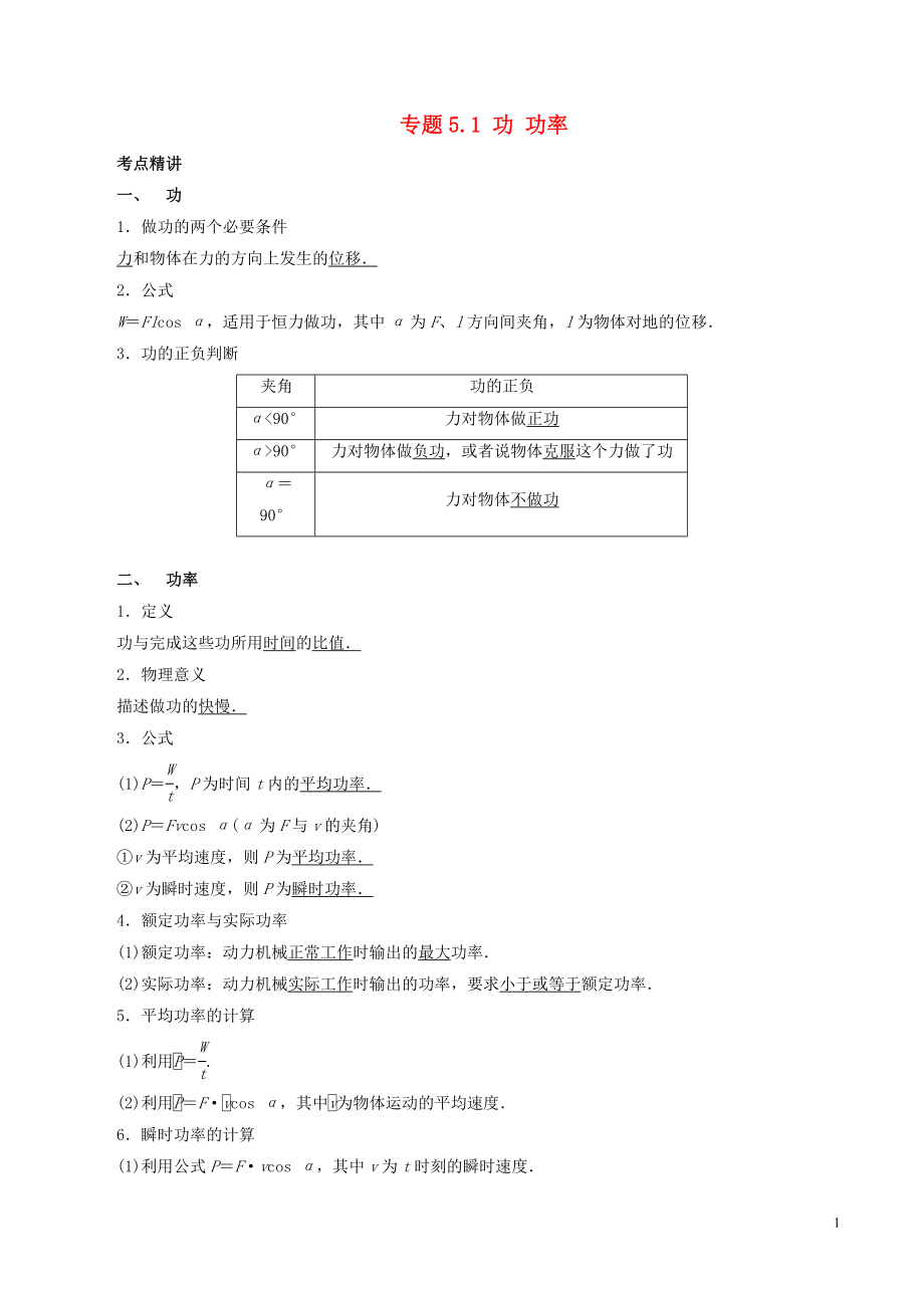 2019高考物理一轮复习 考点大通关 专题5.1 功 功率学案_第1页