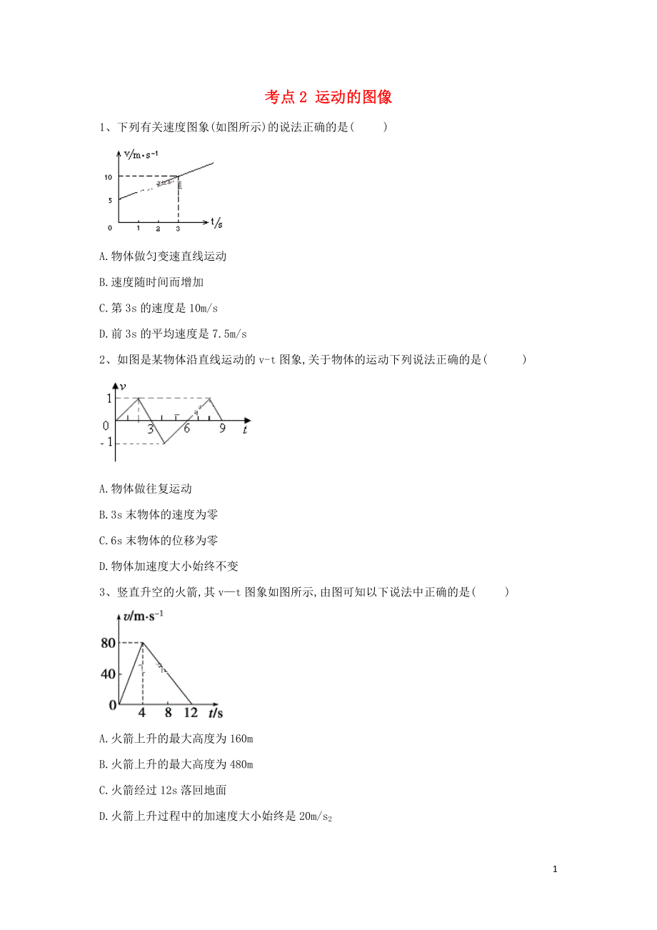 2019屆高考物理二輪復(fù)習(xí) 力學(xué)考點(diǎn)集訓(xùn) 專題2 運(yùn)動(dòng)的圖像_第1頁(yè)