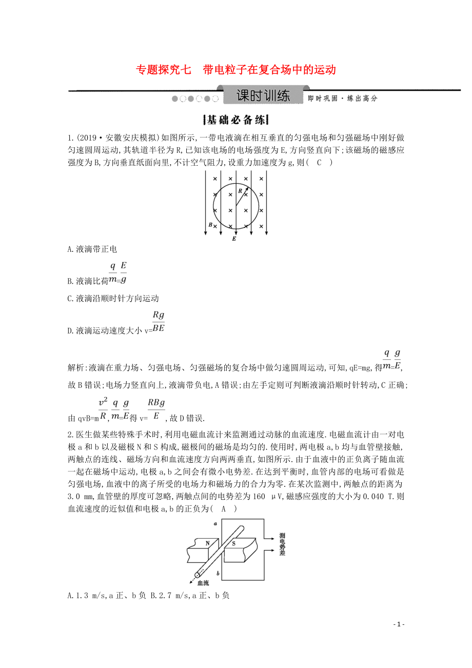 2020版高考物理總復(fù)習(xí) 第九章 專題探究七 帶電粒子在復(fù)合場中的運動練習(xí)（含解析）_第1頁