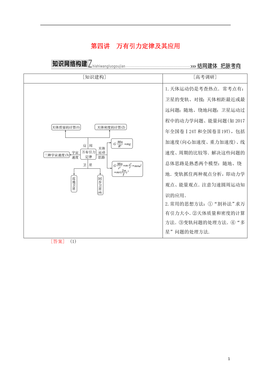 2018屆高考物理二輪復習 板塊一 專題突破復習 專題一 力與運動 第四講 萬有引力定律及其應用學案_第1頁