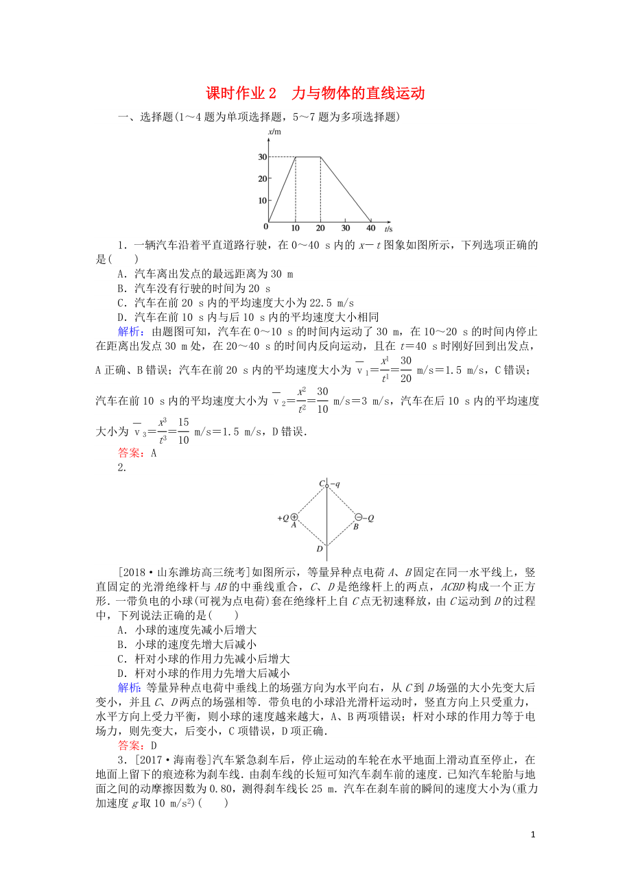 2019屆高考物理二輪復(fù)習(xí) 第1章 力與運(yùn)動(dòng) 課時(shí)作業(yè)2 力與物體的直線運(yùn)動(dòng)_第1頁(yè)