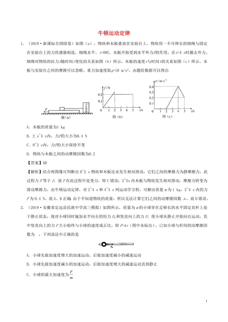 2019年高考物理 真題和模擬題分項匯編 專題04 牛頓運(yùn)動定律（含解析）_第1頁