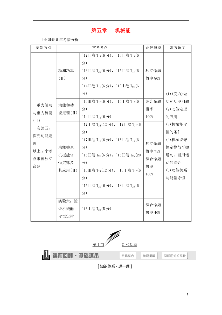 2019届高考物理一轮复习 第五章 机械能学案_第1页