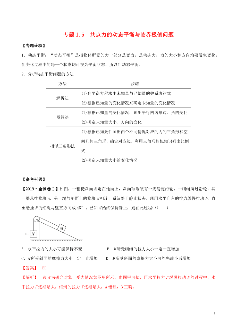 备考2020年高考物理 专题1.5 共点力的动态平衡与临界极值问题精准突破（含解析）_第1页