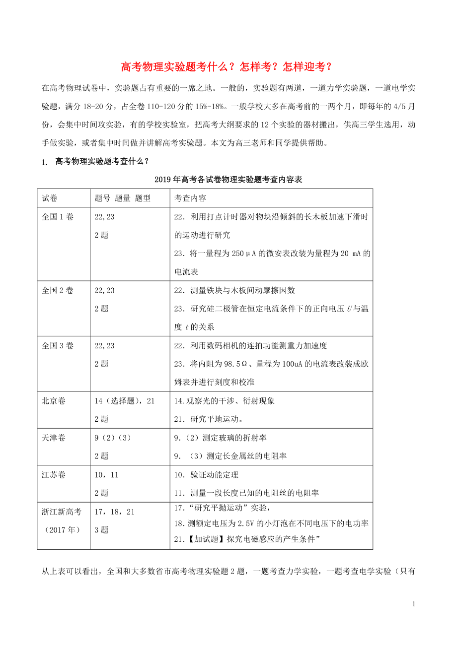 2020年高考物理 必考17個實驗精講精練 專題01 高考物理實驗題考什么？怎樣考？怎樣迎考？（含解析）_第1頁