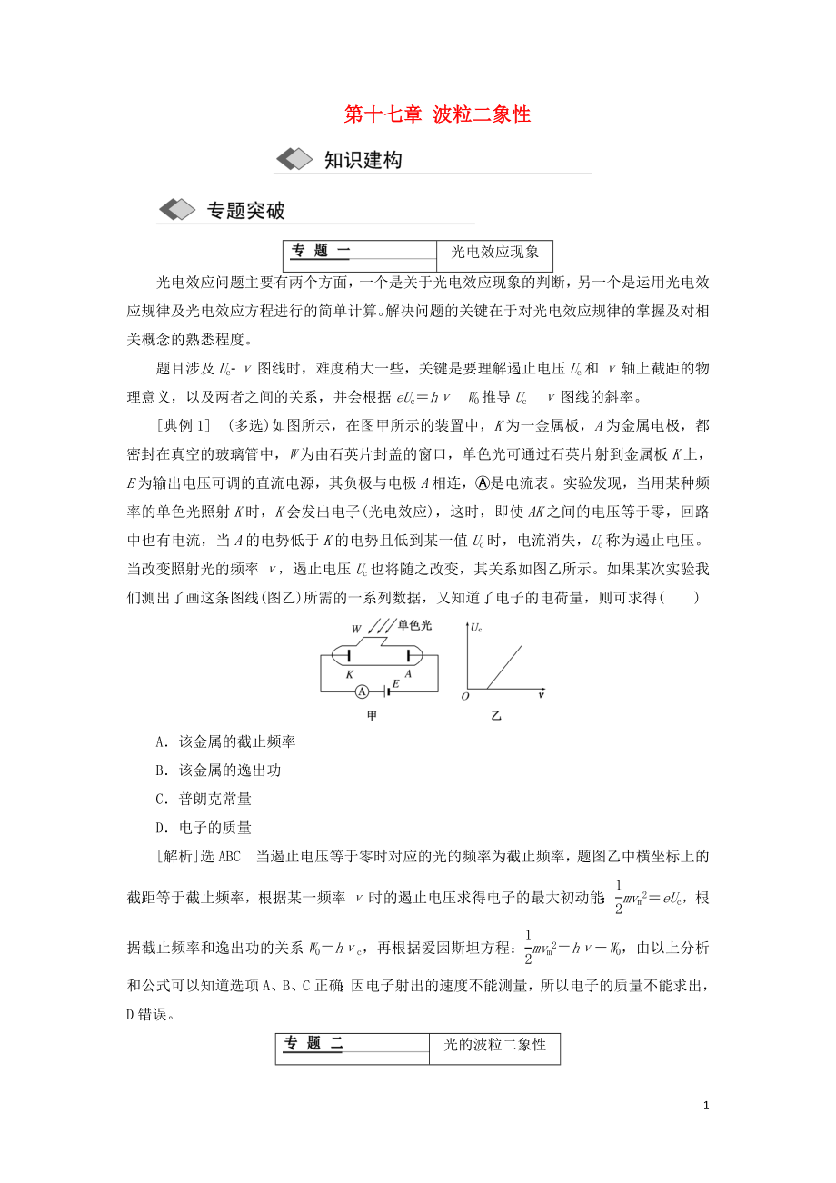 （浙江專版）2018年高中物理 第十七章 波粒二象性章末小結(jié)學(xué)案 新人教版選修3-5_第1頁