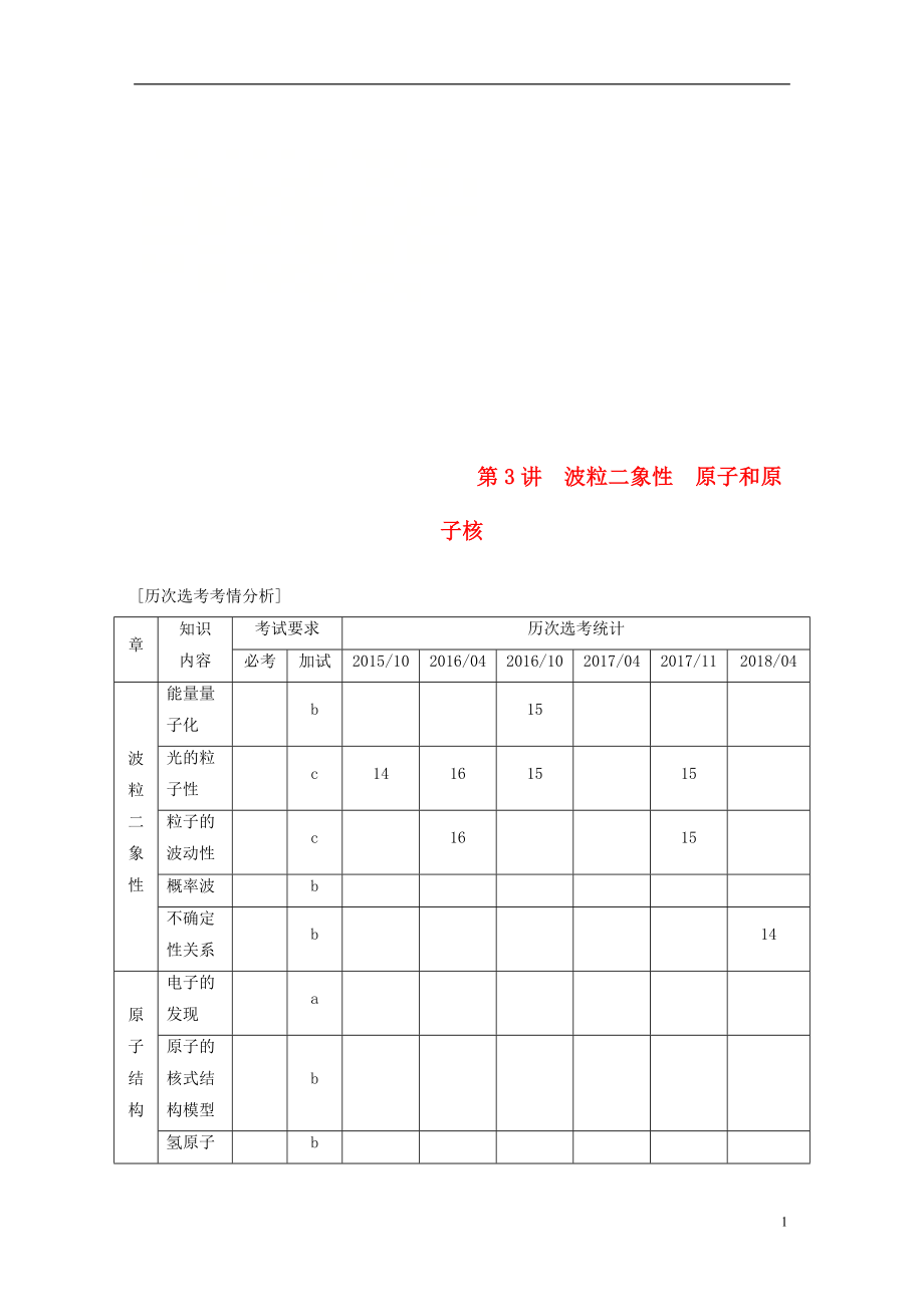 （浙江選考）2019高考物理二輪復習 專題五 加試選擇題題型強化 第3講 波粒二象性 原子和原子核學案_第1頁