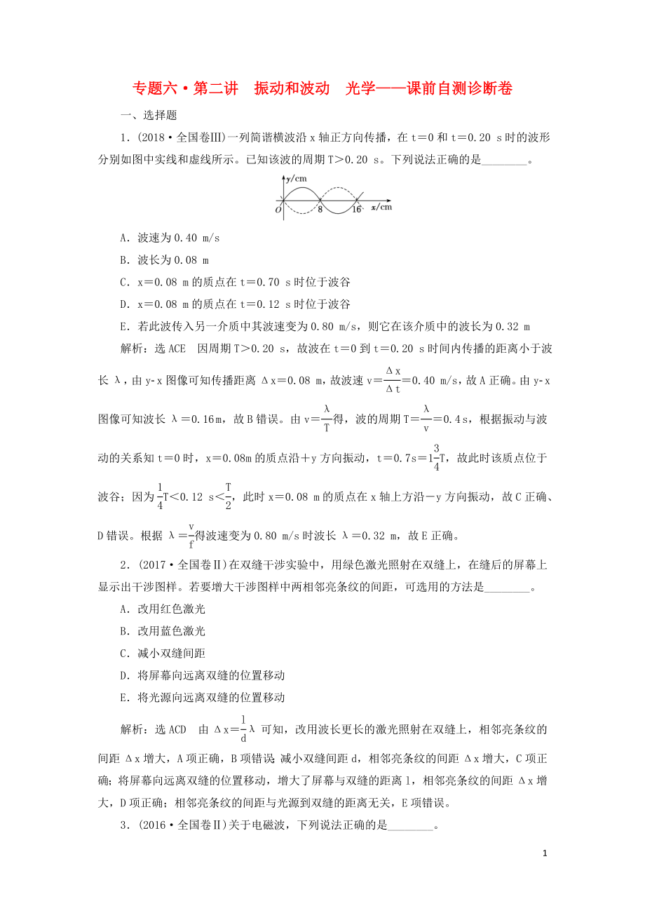 2019届高考物理二轮复习 第一部分 专题六 选考模块 第二讲 振动和波动 光学课前自测诊断卷_第1页