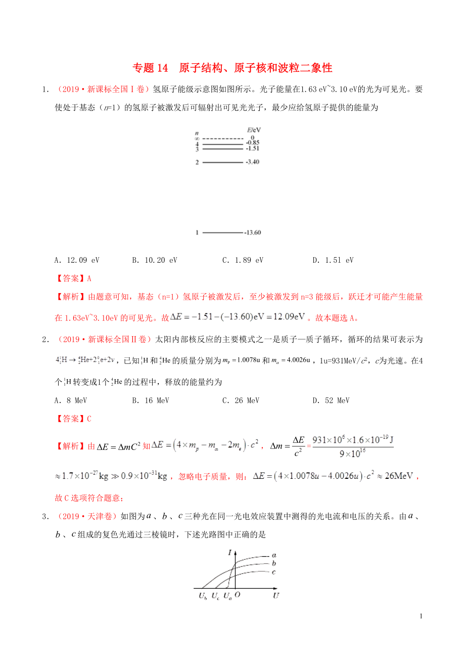 三年高考（2017-2019）高考物理真題分項匯編 專題14 原子結(jié)構(gòu)、原子核和波粒二象性（含解析）_第1頁