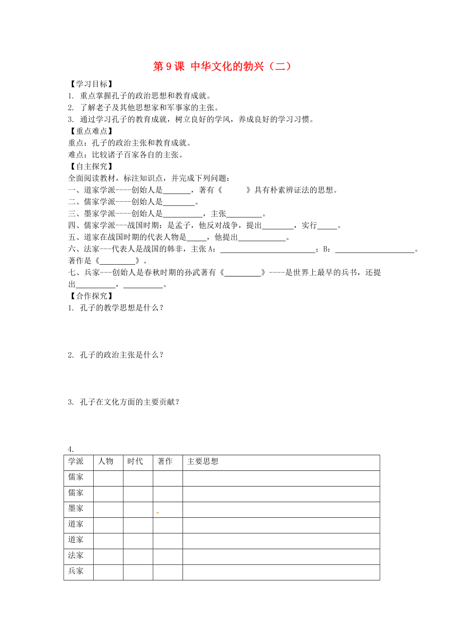 山東省平邑曾子學(xué)校七年級歷史上冊第9課中華文化的勃興二學(xué)案無答案新人教版通用_第1頁