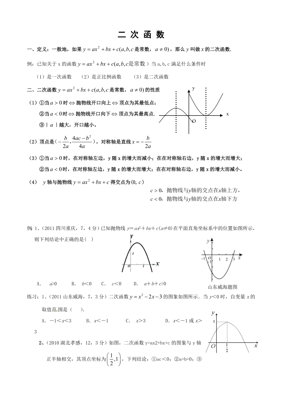 二次函数知识点总结及相关典型题目(教师用)_第1页