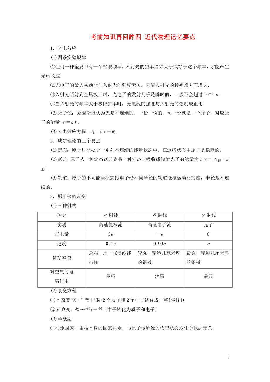 （新課標(biāo)）2020版高考物理大二輪復(fù)習(xí) 考前知識(shí)再回眸四 近代物理記憶要點(diǎn)教學(xué)案_第1頁(yè)