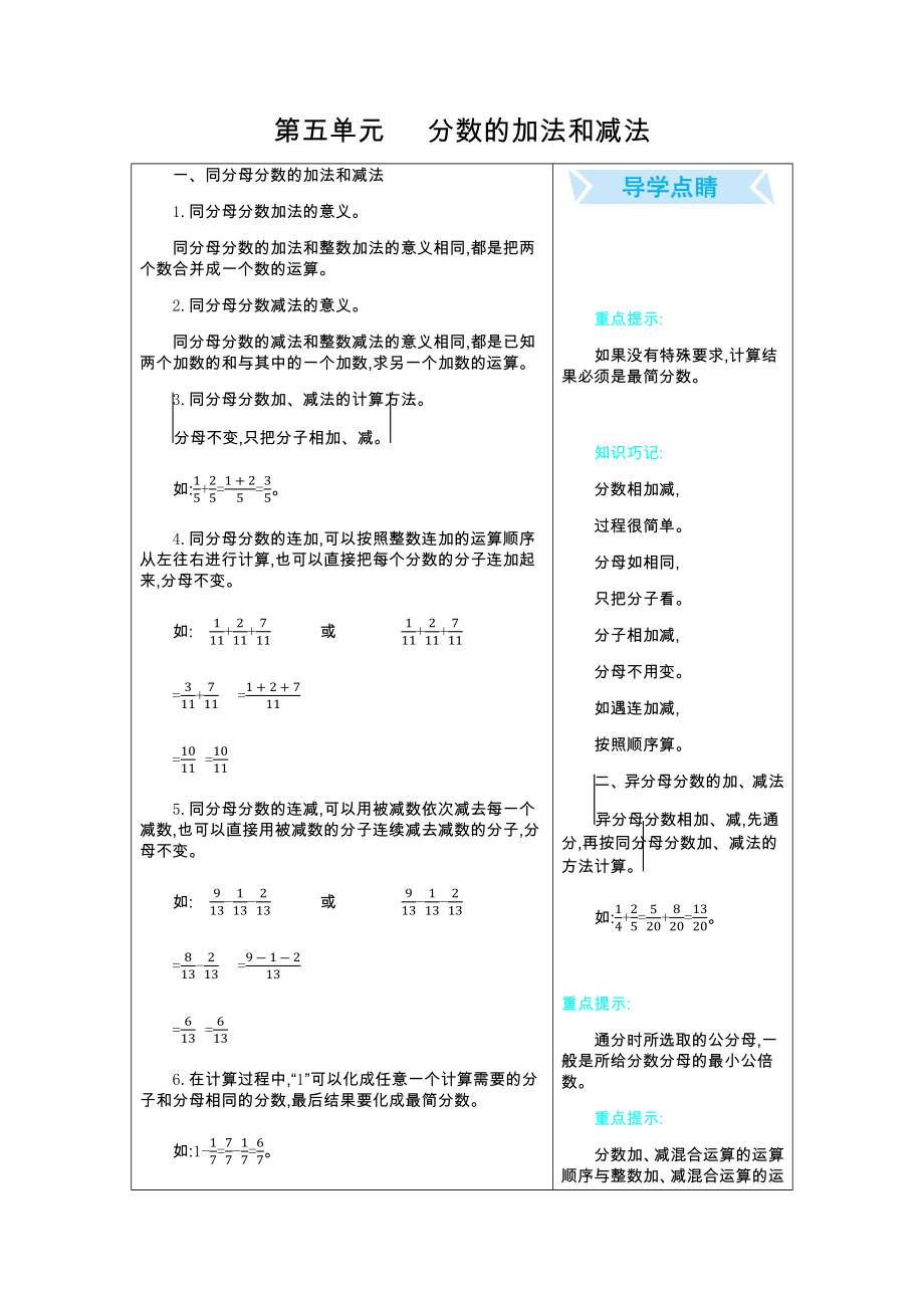 五年级下册数学素材-第五单元　 分数的加法和减法　 北京版(2014秋)_第1页