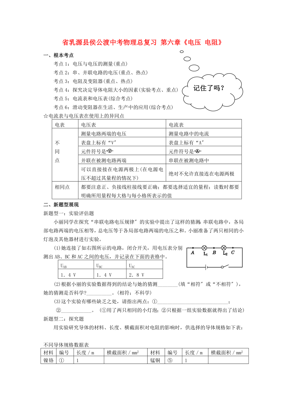 （整理版）乳源縣侯公渡中考物理總復(fù)習(xí)第六章《電壓電_第1頁(yè)