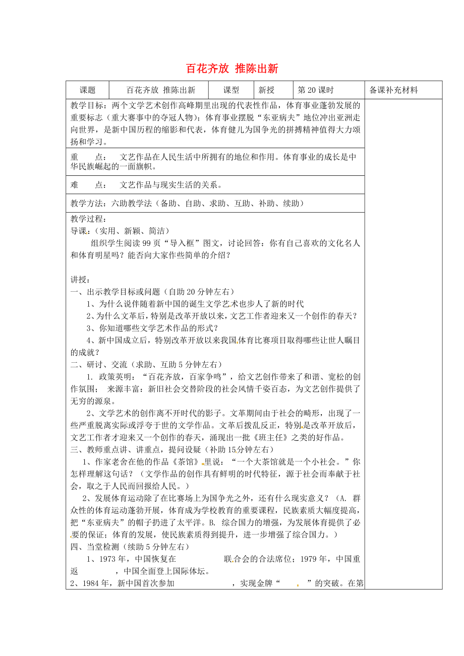 山東省濟南市辛寨鄉(xiāng)辛銳中學八年級歷史下冊百花齊放推陳出新教案新人教版_第1頁