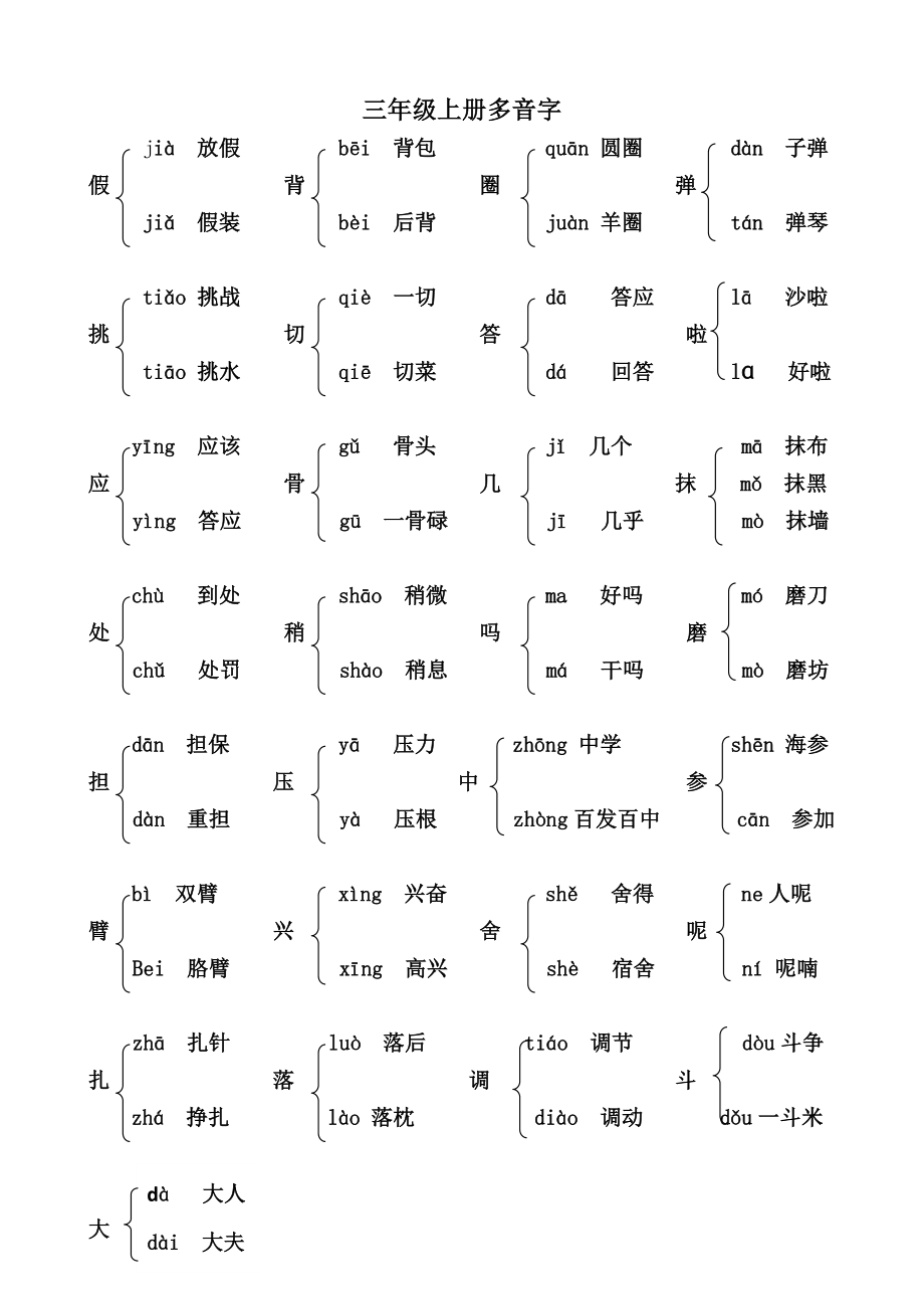 部編人教版三年級語文上冊多音字彙總大全